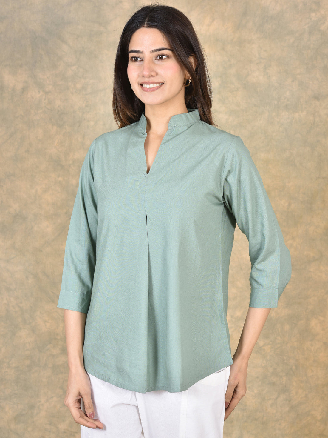 Green And White V Neck Viscose Pleated Tops Combo