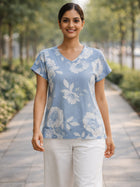Grey Airy Linen Cotton Floral Everyday Wear Top