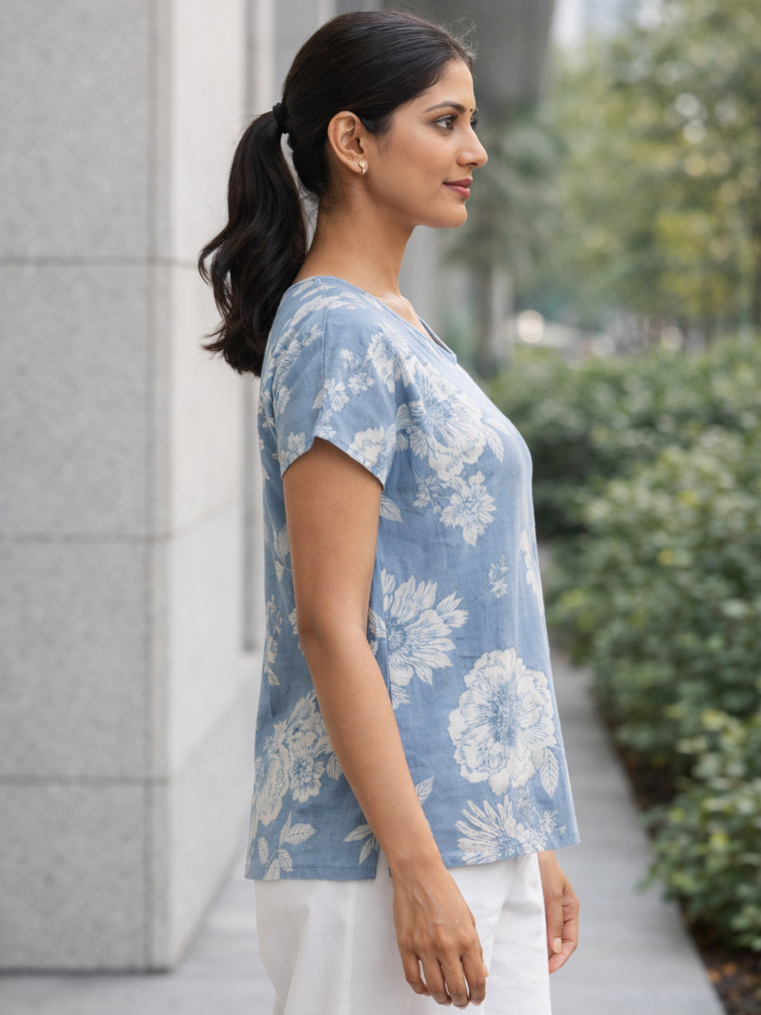 Grey Airy Linen Cotton Floral Everyday Wear Top