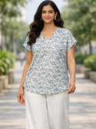 Light Grey Airy Linen Cotton Floral Everyday Wear Top