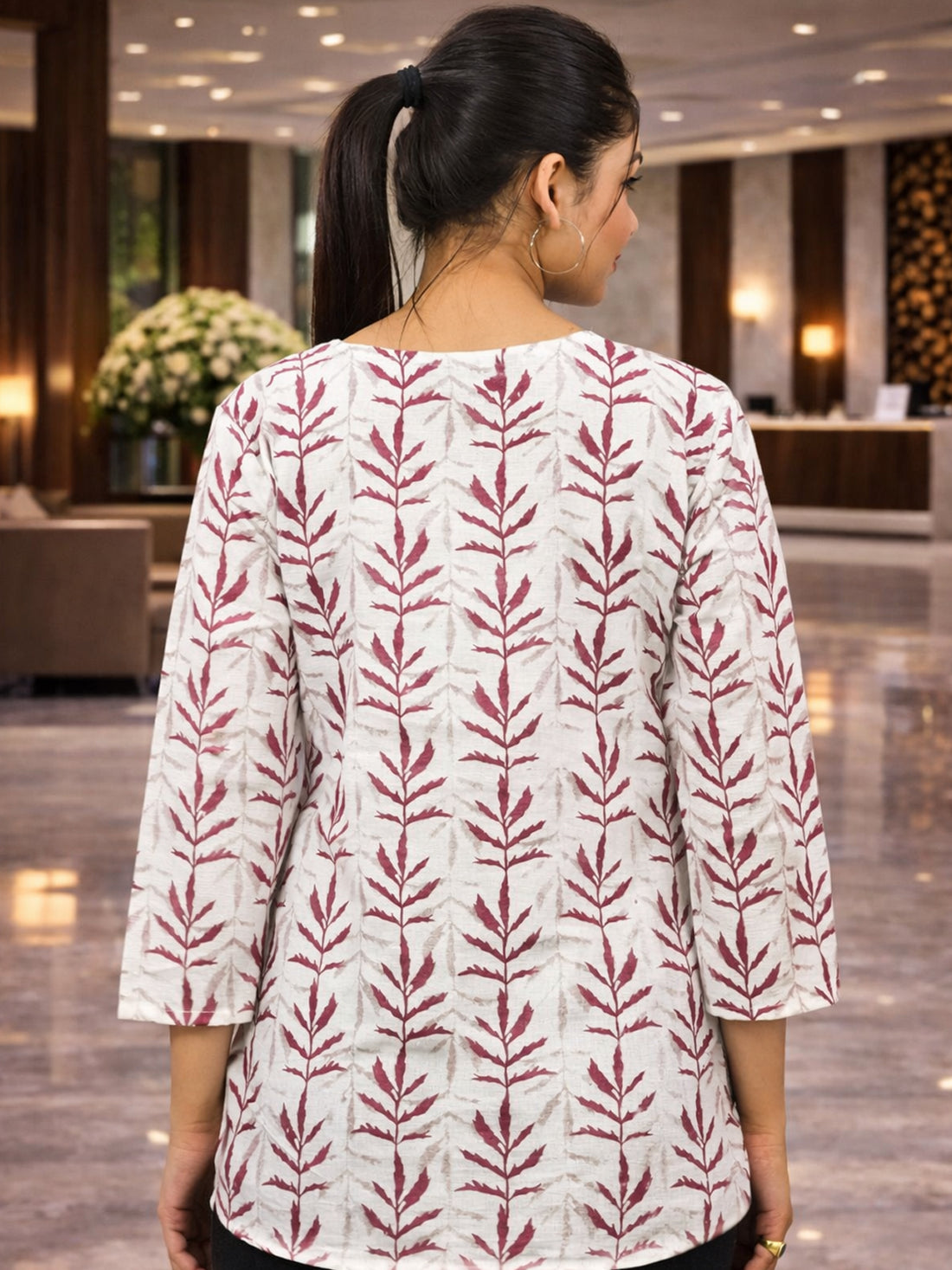 Maroon Handloom Cotton Leaf Printed Tops