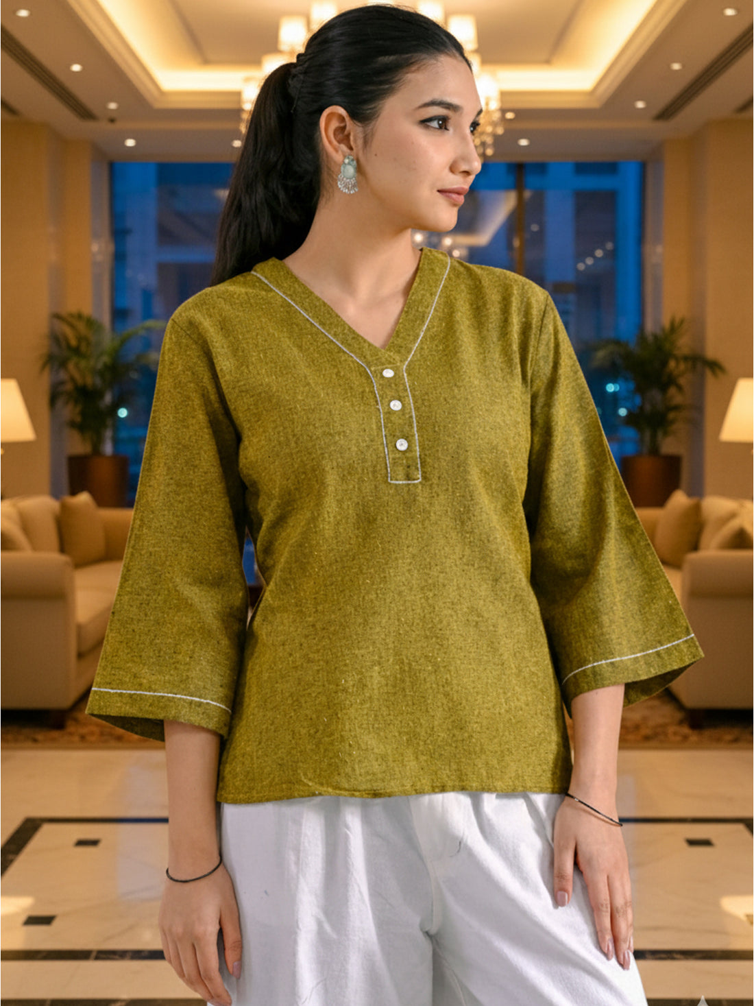 Mustard Handloom Cotton Anchor Thread Designer Top