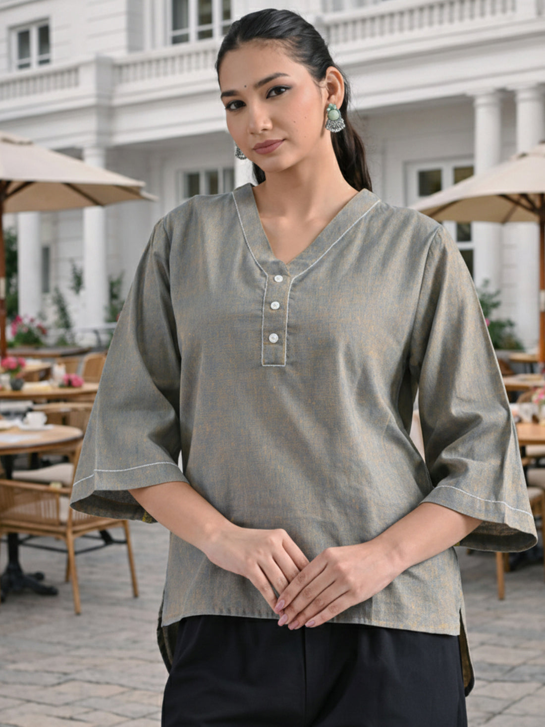 Ocian Blue Handloom Cotton Anchor Thread Designer Top