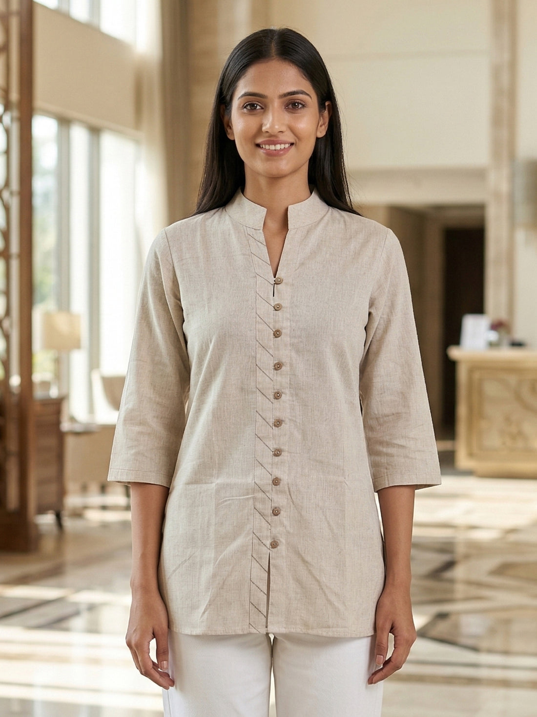 Cream Handloom Cotton Front-Slit Short Kurti for Women
