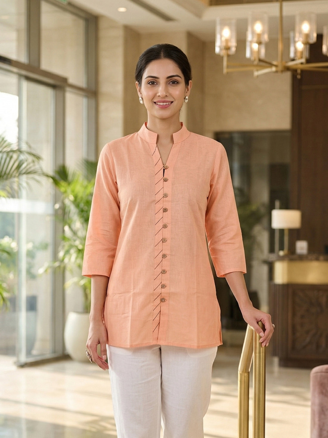 Orange Handloom Cotton Front-Slit Short Kurti for Women