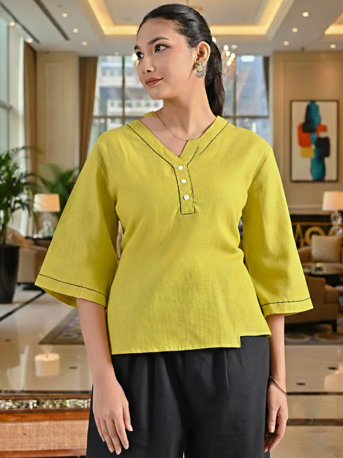 Parrot Green Handloom Cotton Anchor Thread Designer Top