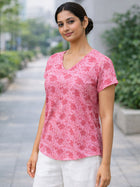 Pink Airy Linen Cotton Floral Everyday Wear Top