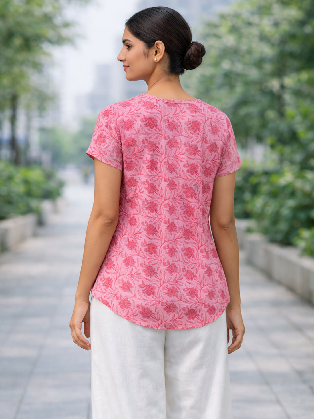 Pink Airy Linen Cotton Floral Everyday Wear Top