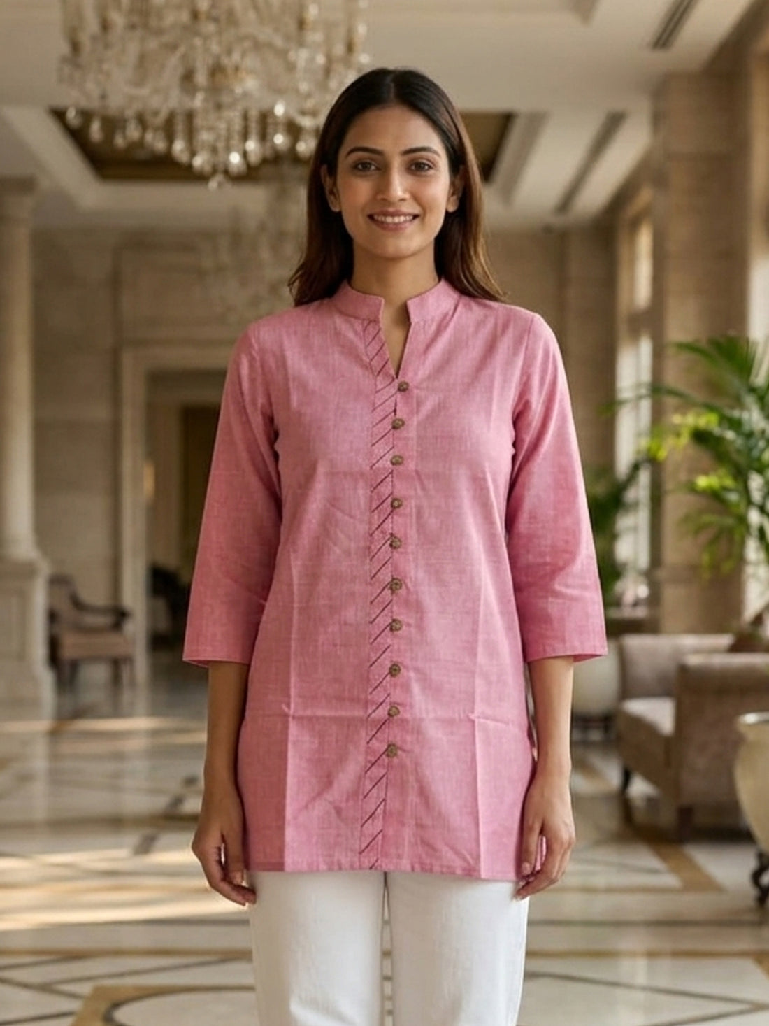 Pink Handloom Cotton Front-Slit Short Kurti for Women