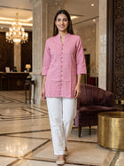 Pink Handloom Cotton Front-Slit Short Kurti for Women