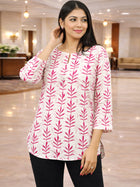 Pink Handloom Cotton Leaf Printed Tops