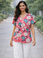 Pink And White Airy Linen Cotton Floral Everyday Wear Top