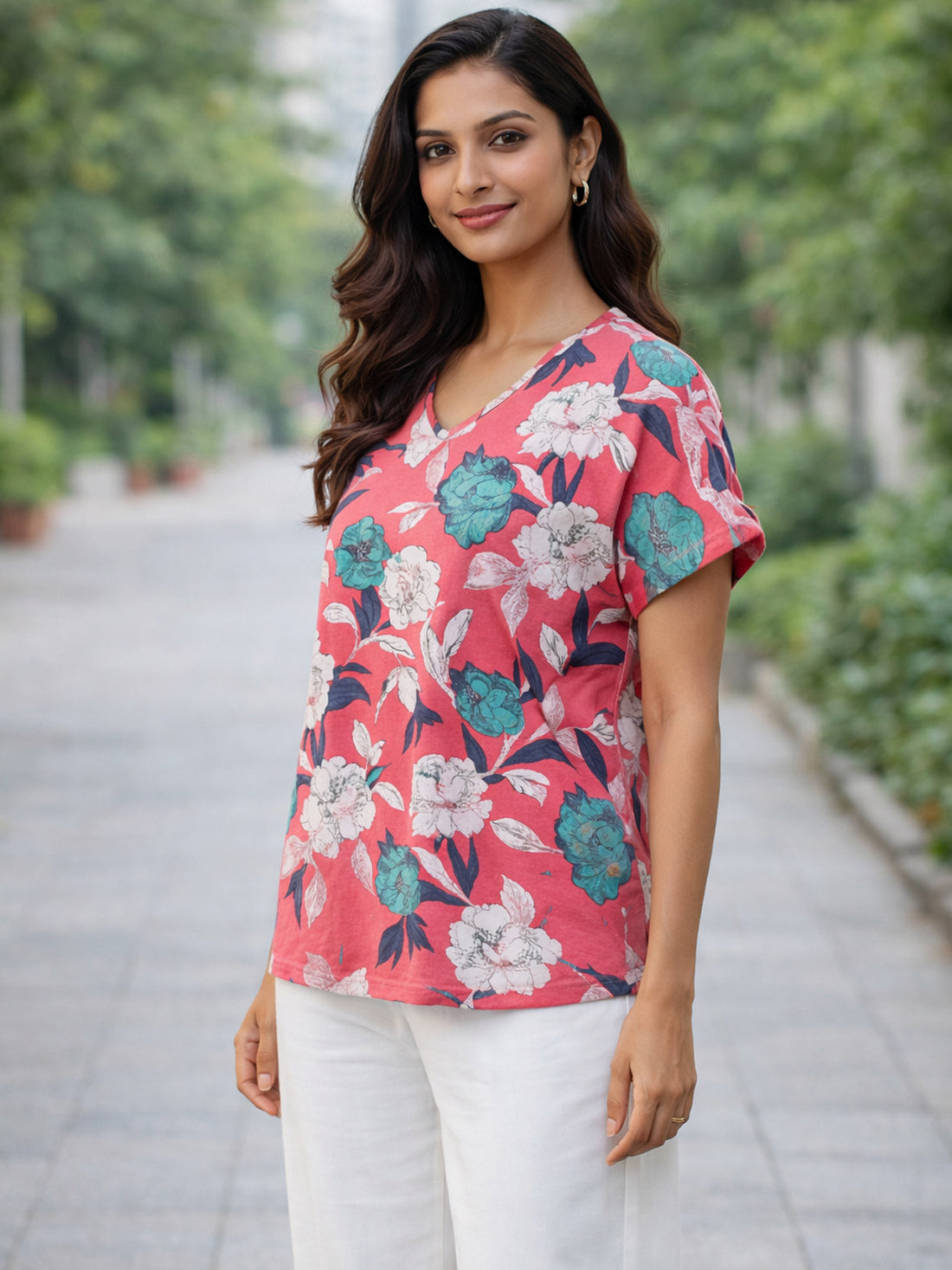 Pink And White Airy Linen Cotton Floral Everyday Wear Top