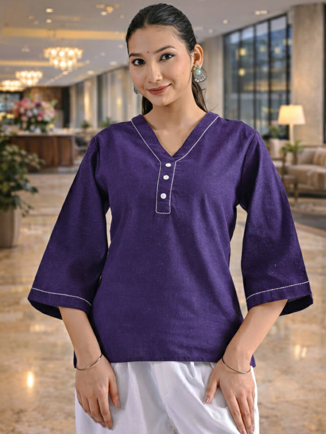 Purple Handloom Cotton Anchor Thread Designer Top
