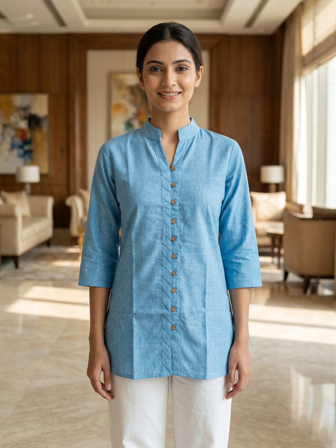 SkyBlue Handloom Cotton Front-Slit Short Kurti for Women