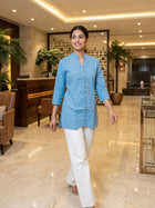 SkyBlue Handloom Cotton Front-Slit Short Kurti for Women