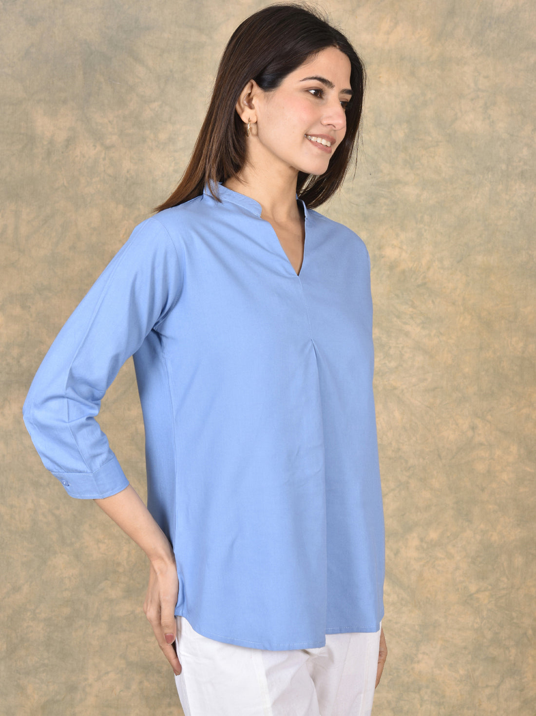 Sky Blue And White V Neck Viscose Pleated Tops Combo