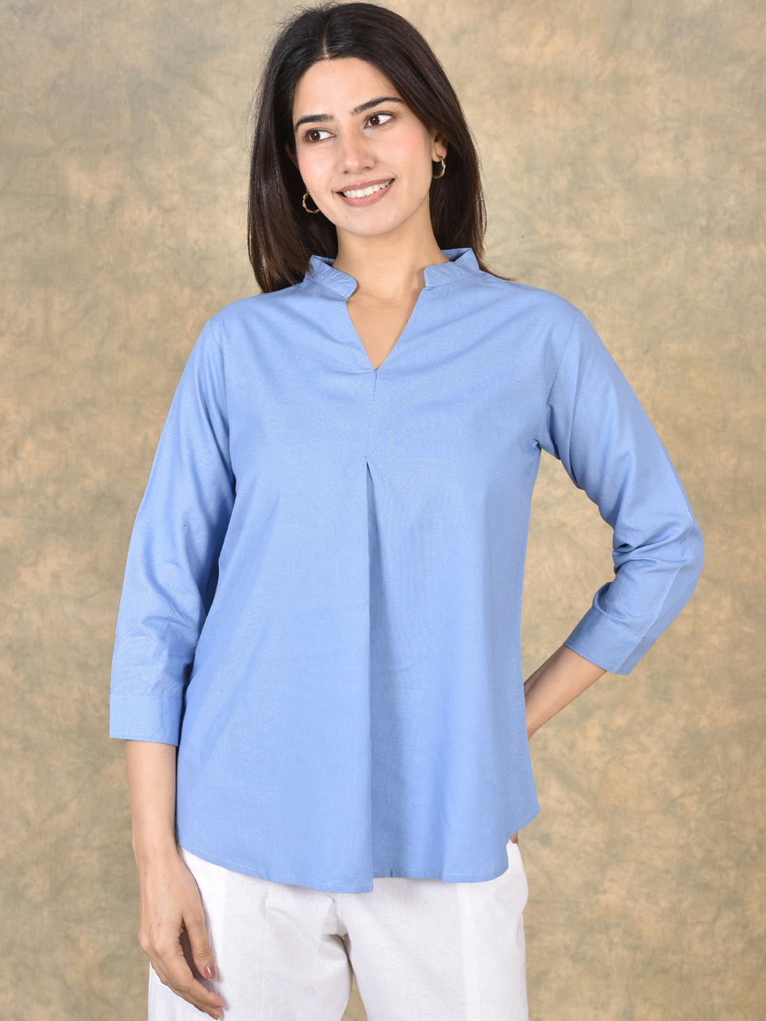 Elegant Sky Blue Viscose Pleated Top