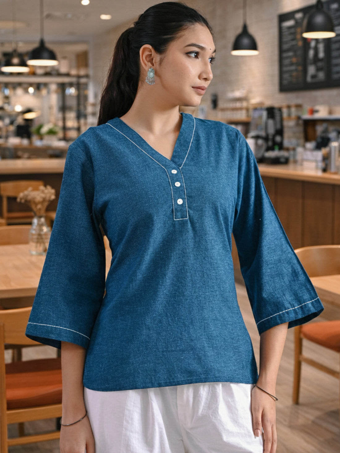 Teal Blue Handloom Cotton Anchor Thread Designer Top