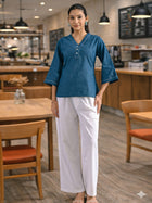 Teal Blue Handloom Cotton Anchor Thread Designer Top