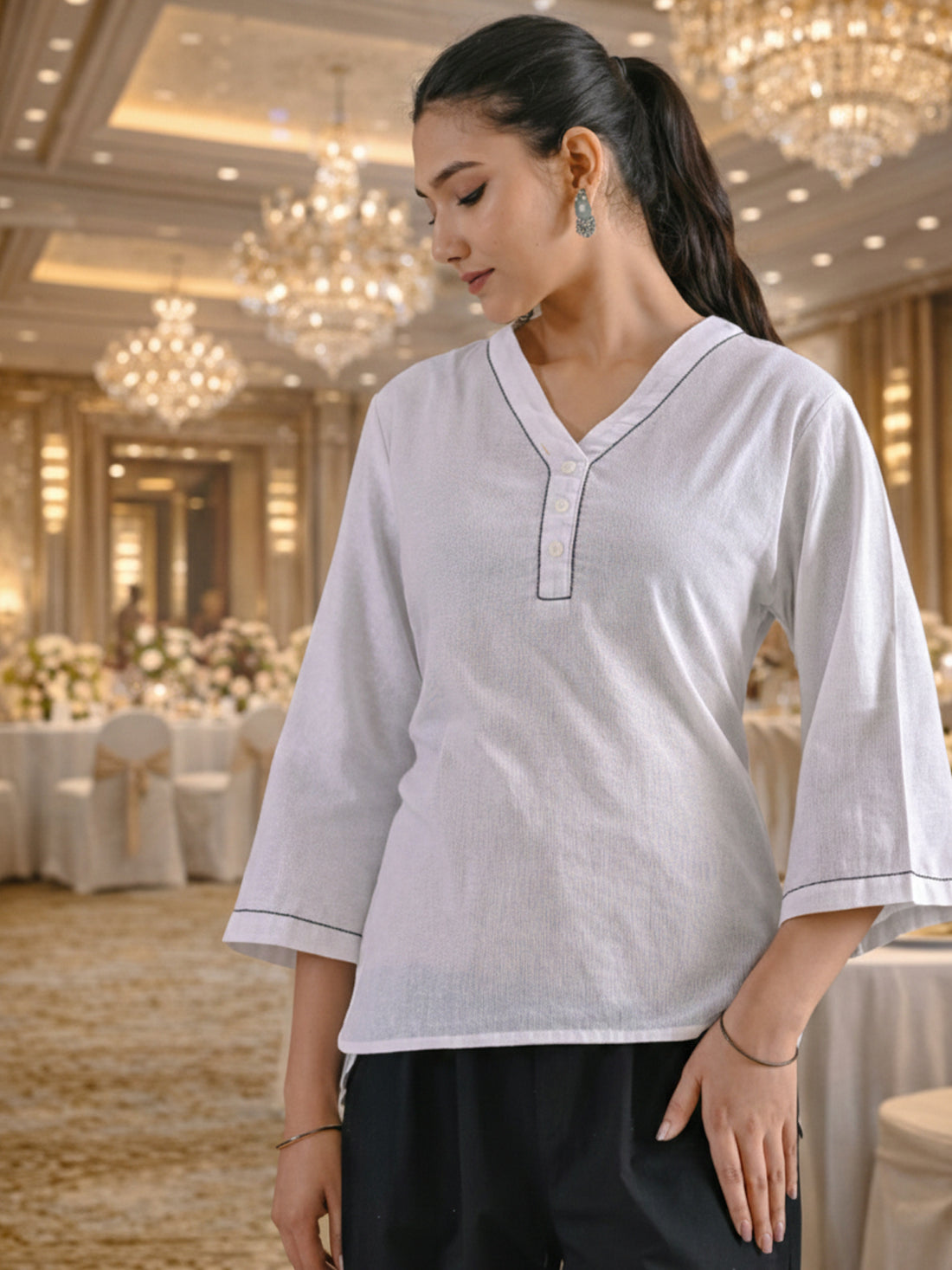 White Handloom Cotton Anchor Thread Designer Top