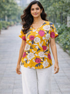 Yellow Airy Linen Cotton Floral Everyday Wear Top