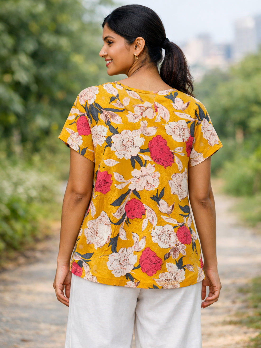 Yellow Airy Linen Cotton Floral Everyday Wear Top