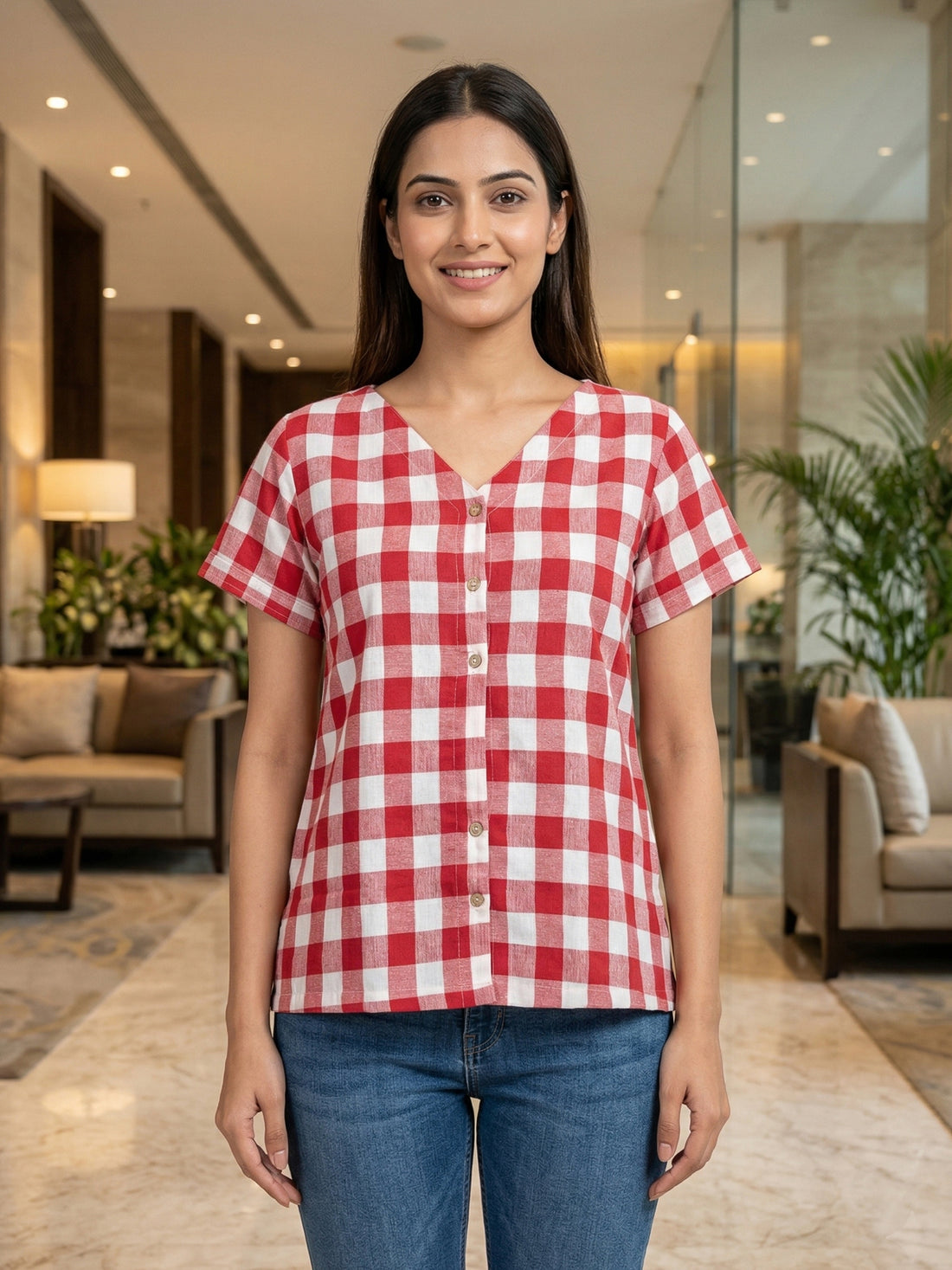 Red Cotton Checks Shirt