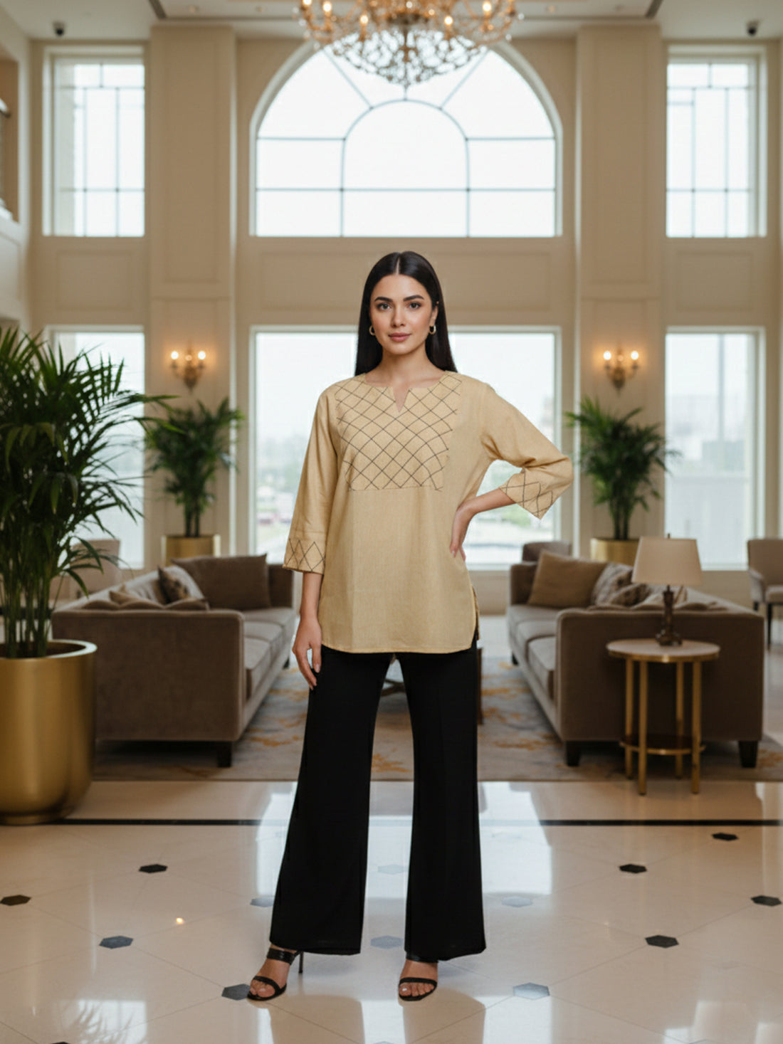 Beige Cotton Handloom Yoke Design Top