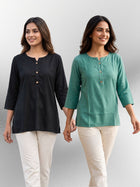 Black & Sea Green Rayon Short Kurti