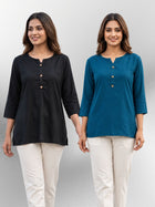Black & Teal Blue Rayon Short Kurti