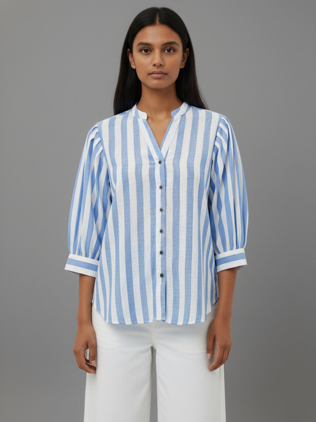 Bundle of 2 Elegant Blue & Coffee Stripe Shoulder-Pleat Shirt