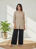 Brown Handloom Cotton Front-Slit Short Kurti for Women