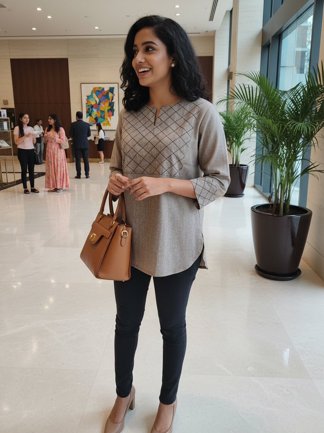 Brown Cotton Handloom Yoke Design Top