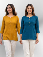 Camel & Teal Blue Rayon Short Kurti