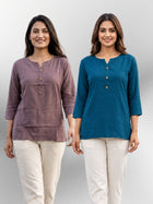 Coffee & Teal Blue Rayon Short Kurti