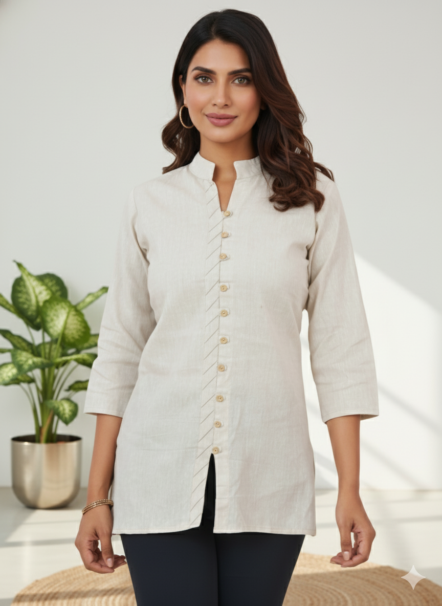 Cream Handloom Cotton Front-Slit Short Kurti for Women