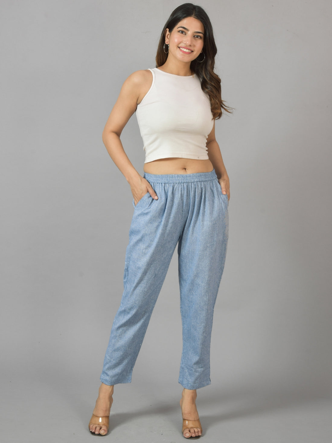 Bundle of 2 DenimBlue & SkyBlue Handloom Cotton Round Elastic Trousers