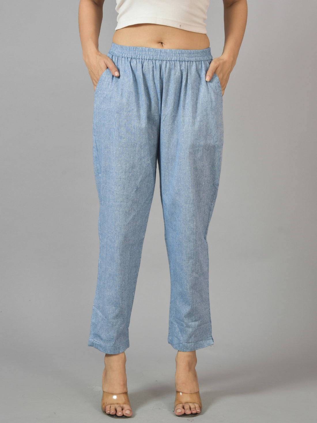 Bundle of 2  OffWhite & DenimBlue Handloom Cotton Round Elastic Trousers