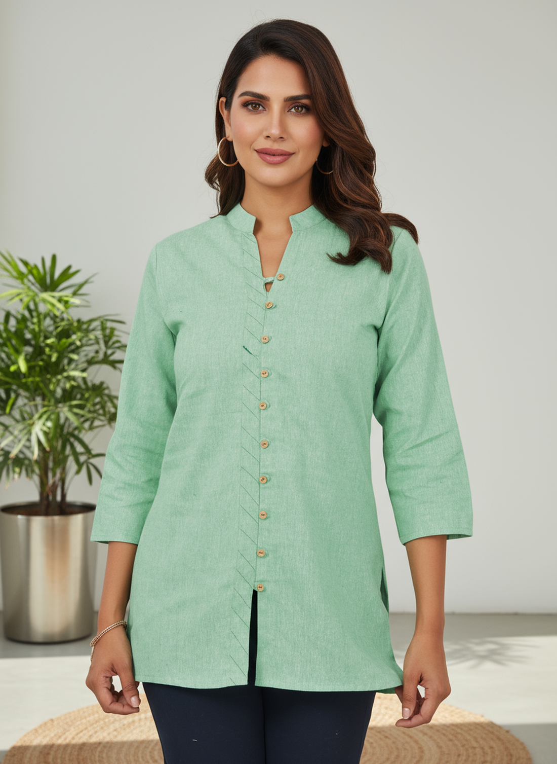 Green Handloom Cotton Front-Slit Short Kurti for Women