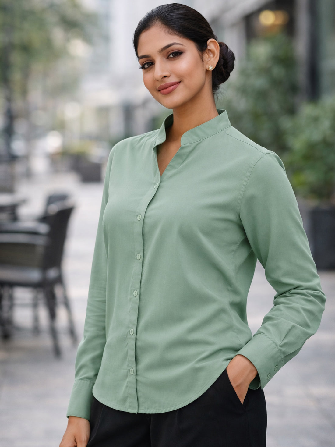 Women Solid Green Viscose Shirt