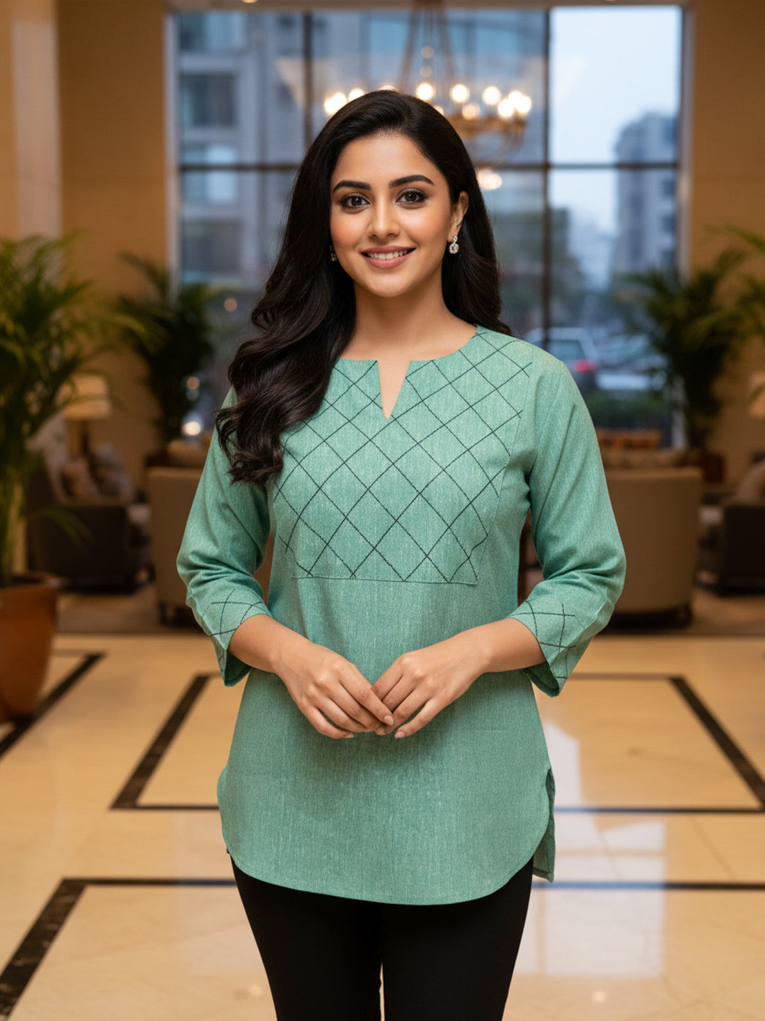 Green Cotton Handloom Yoke Design Top