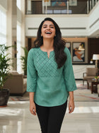 Green Cotton Handloom Yoke Design Top