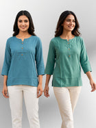 Light Grey & Sea Green Rayon Short Kurti