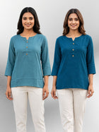 Light Grey & Teal Blue Rayon Short Kurti
