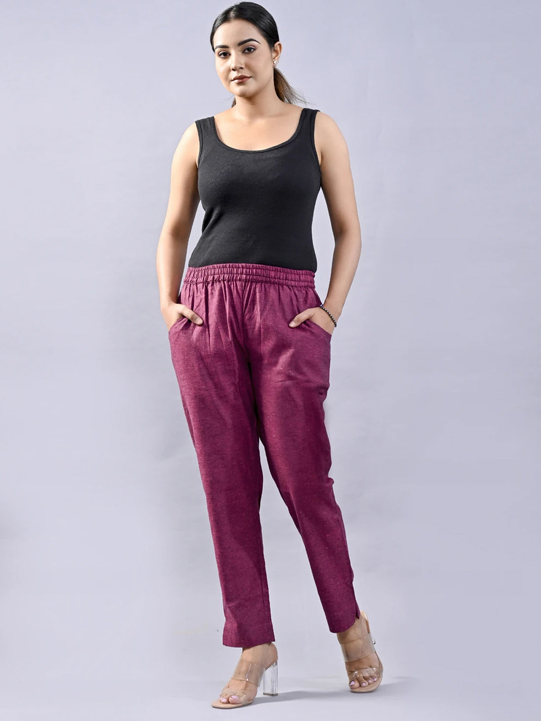 Bundle of 2  Maroon & Purple Handloom Cotton Round Elastic Trousers