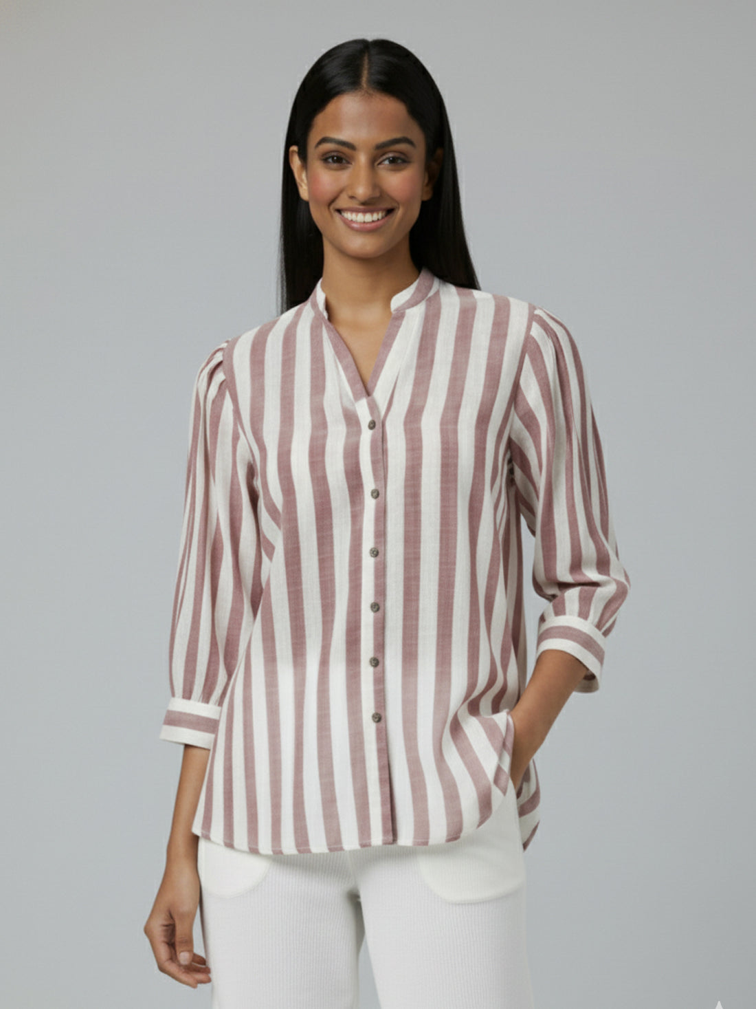 Bundle of 2 Elegant Maroon & Red Stripe Shoulder-Pleat Shirt