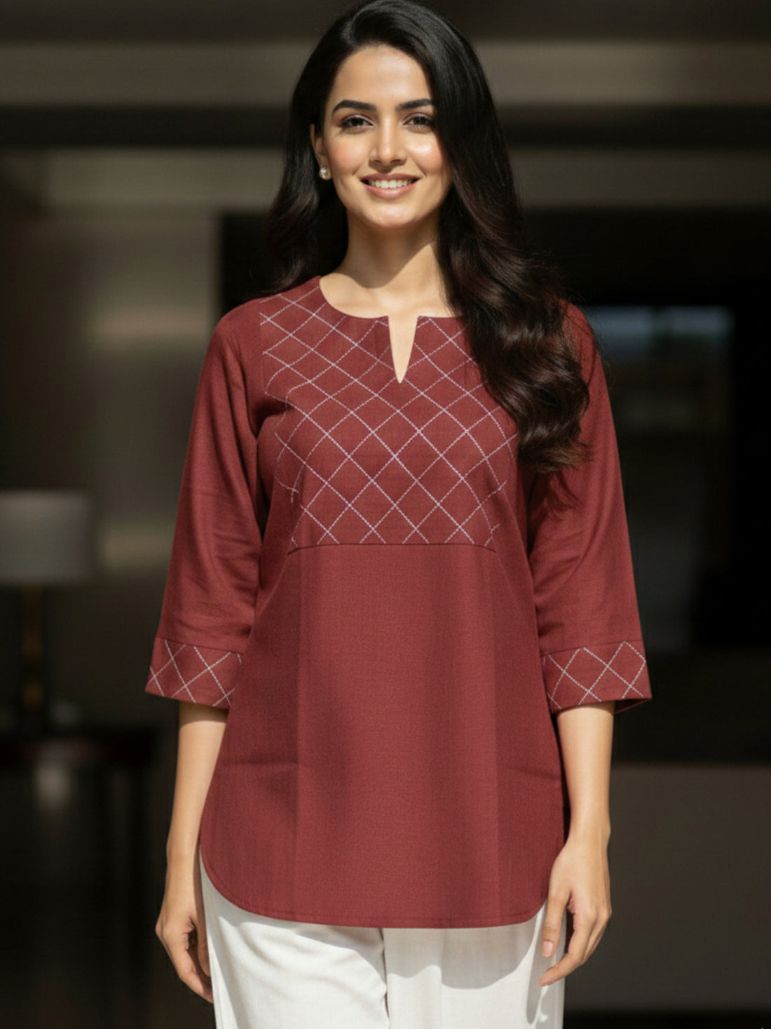 Maroon Cotton Handloom Yoke Design Top