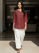 Maroon Cotton Handloom Yoke Design Top