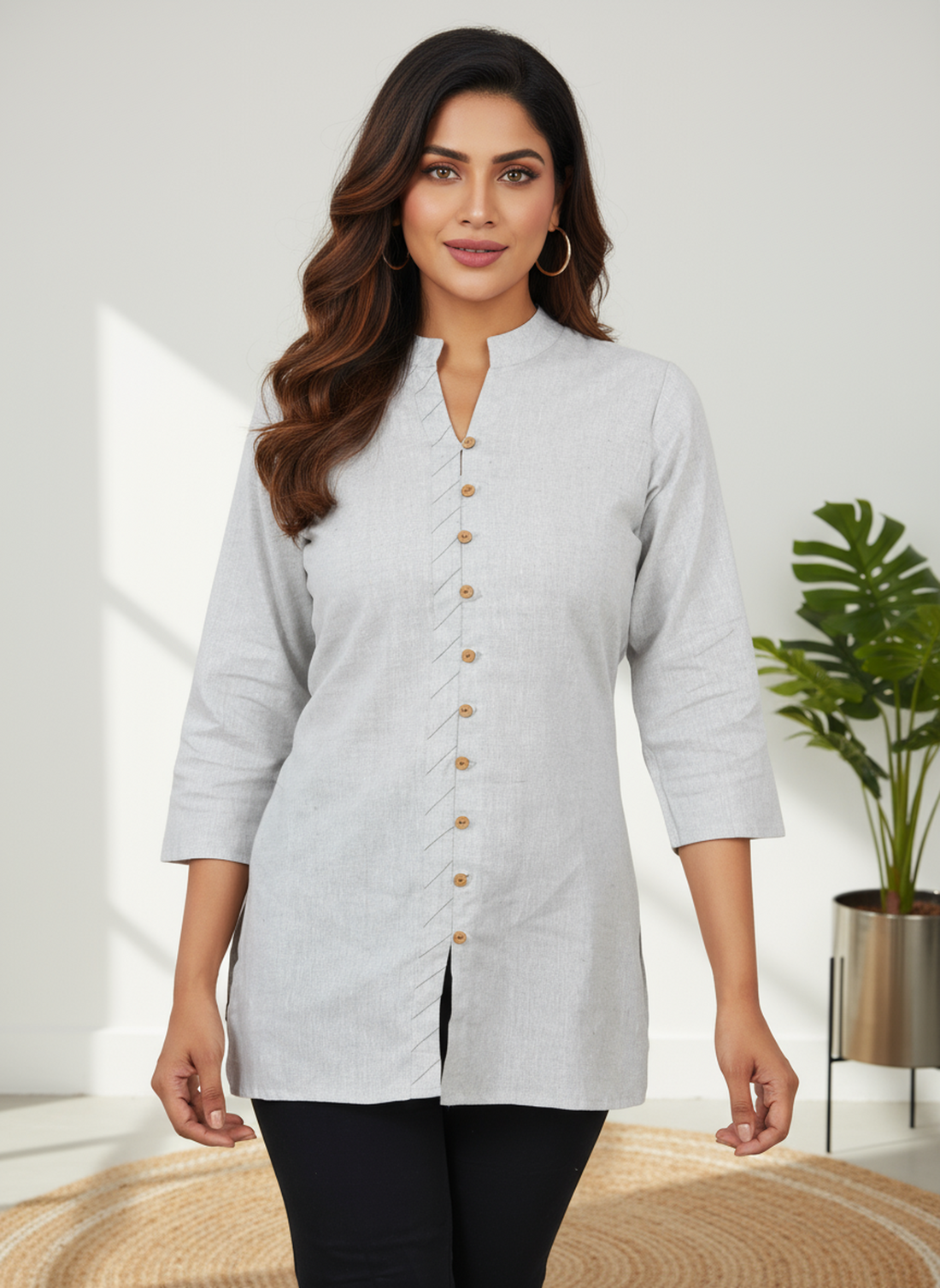 Melange Handloom Cotton Front-Slit Short Kurti for Women